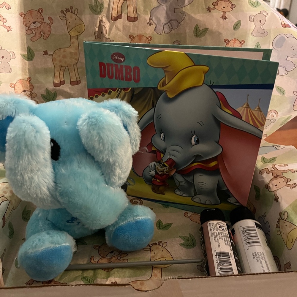 Peek-a-boo Elephant, baby shark or pony with drawn canvas, paint, and book.